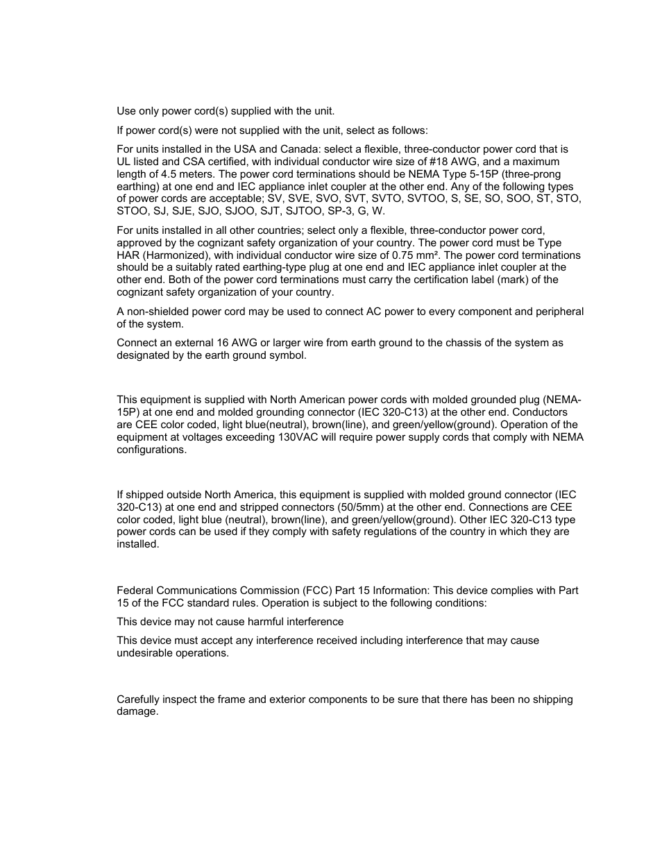 Power supply cords, Emc regulatory notices, Delivery damage inspection | North american power supply cords, International power supply cords | Sierra Video 3232HD-3G User Manual | Page 7 / 70