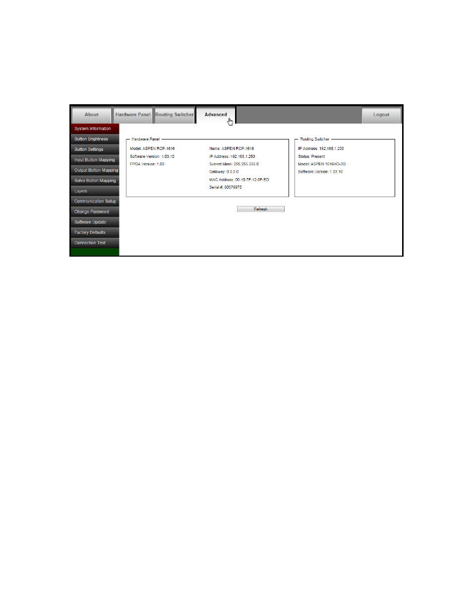 Advanced, System information | Sierra Video RCP-1616 User Manual | Page 21 / 50