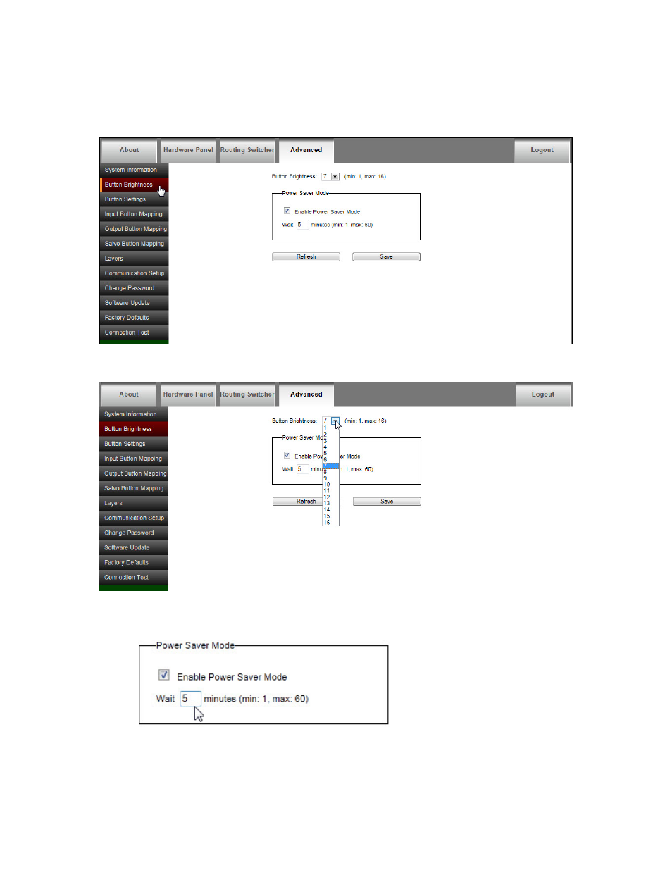 Button brightness | Sierra Video RCP-1616 User Manual | Page 22 / 50