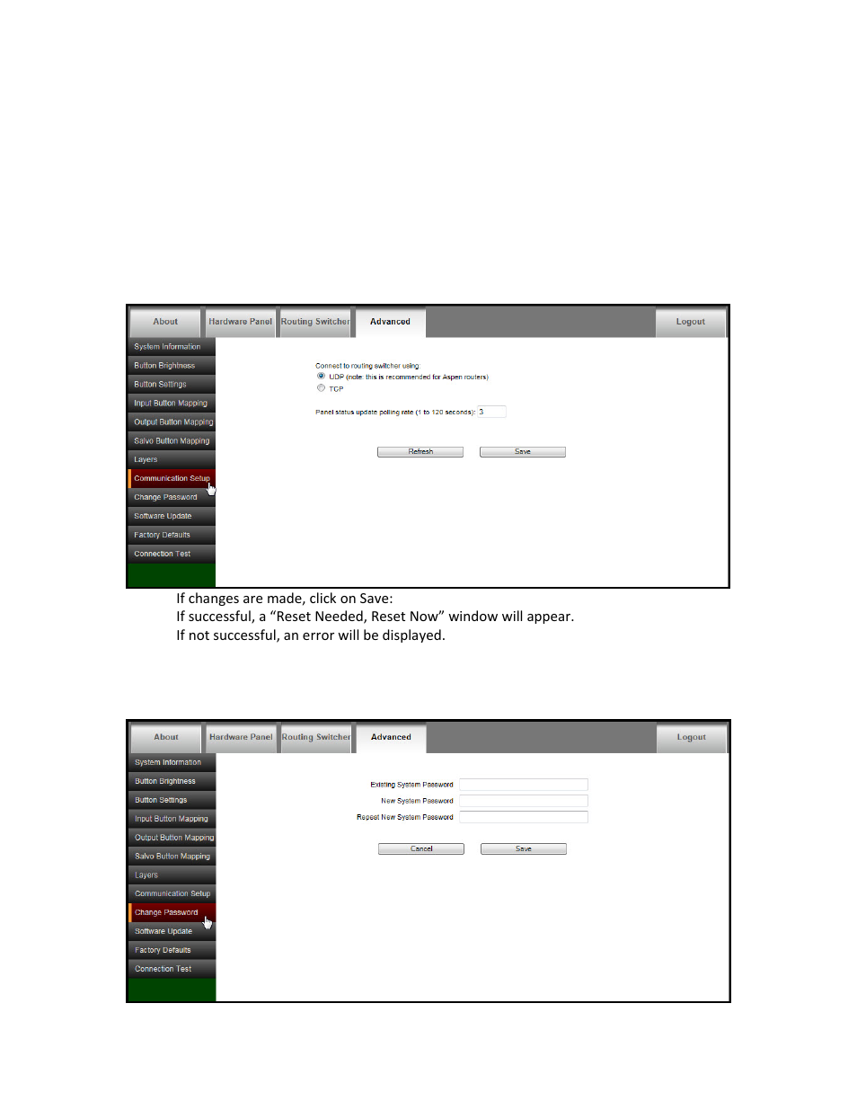 Communication setup, Change password | Sierra Video RCP-1616 User Manual | Page 29 / 50