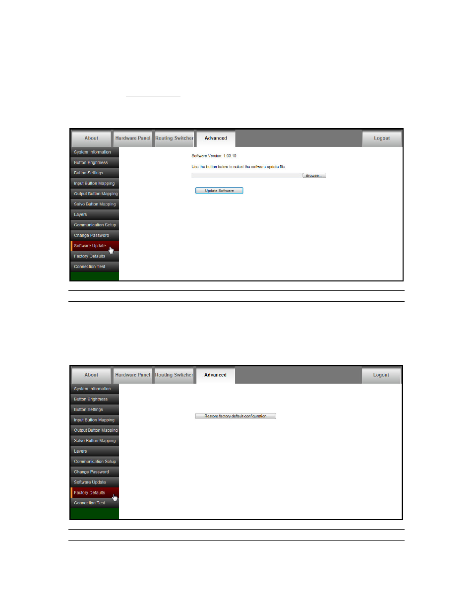 Software updates, Factory defaults | Sierra Video RCP-1616 User Manual | Page 30 / 50