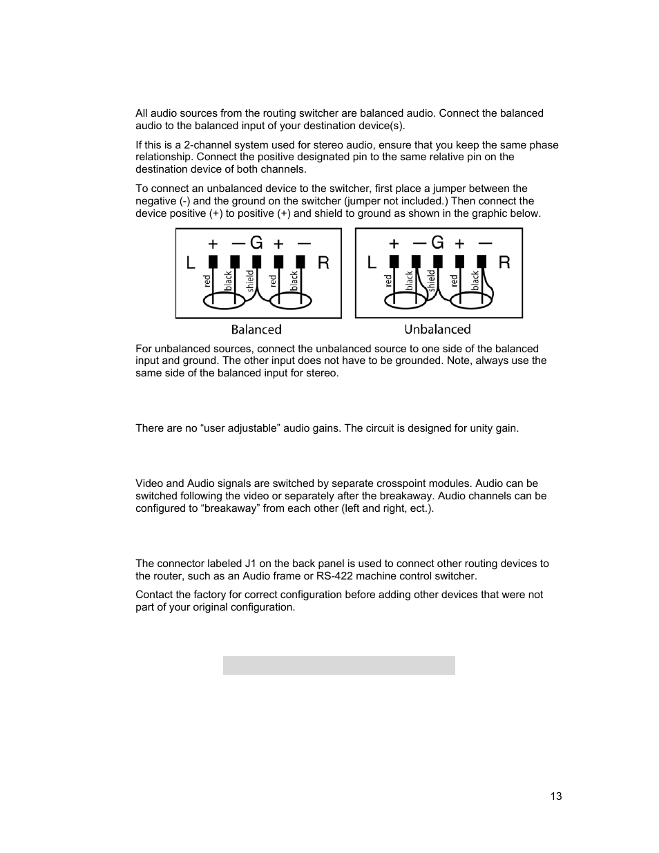 Balanced/unbalanced audio connections, Audio adjustments, J1 connector | Fuse sizes | Sierra Video Tahoe Series 16 User Manual | Page 19 / 78