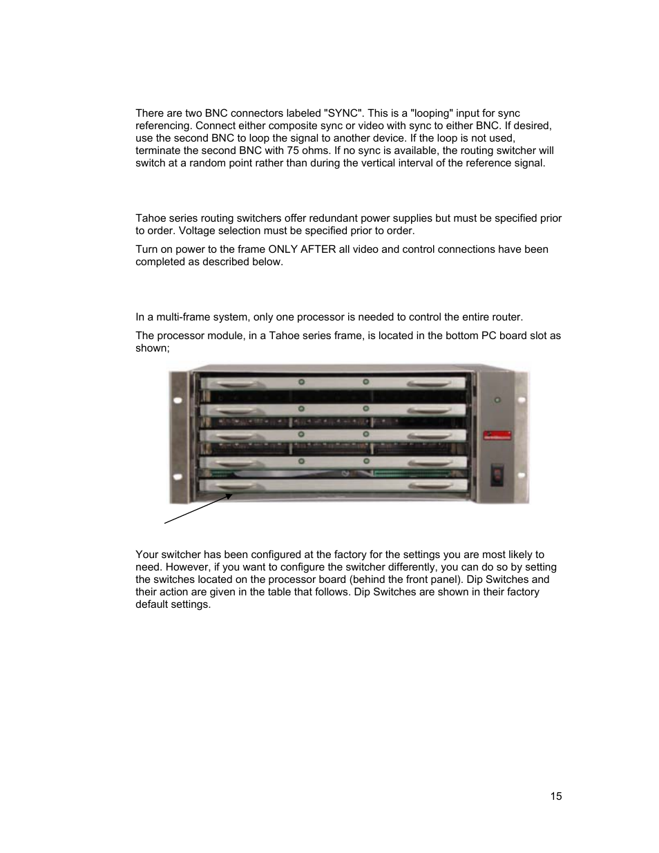 Sync input, Ac power connections, Control processor dip switch settings | Sierra Video Tahoe Series 16 User Manual | Page 21 / 78