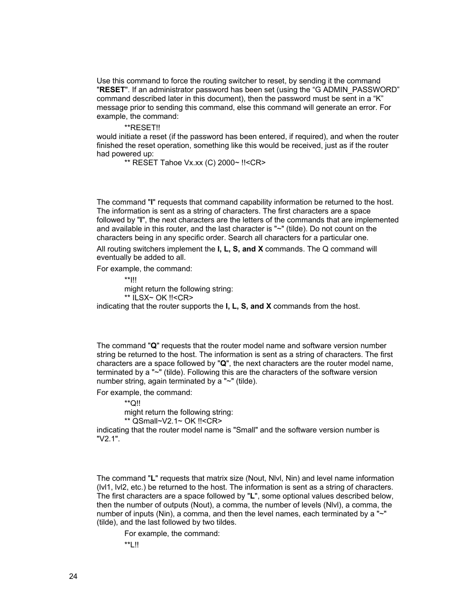R”: router reset, I”: capabilities inquiry, Q”: model name and software version inquiry | L”: matrix size and level names inquiry | Sierra Video Tahoe Series 16 User Manual | Page 30 / 78