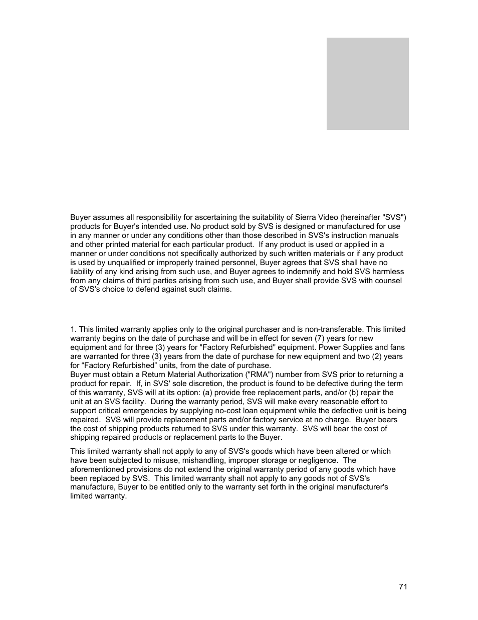 Warranty | Sierra Video Tahoe Series 16 User Manual | Page 77 / 78