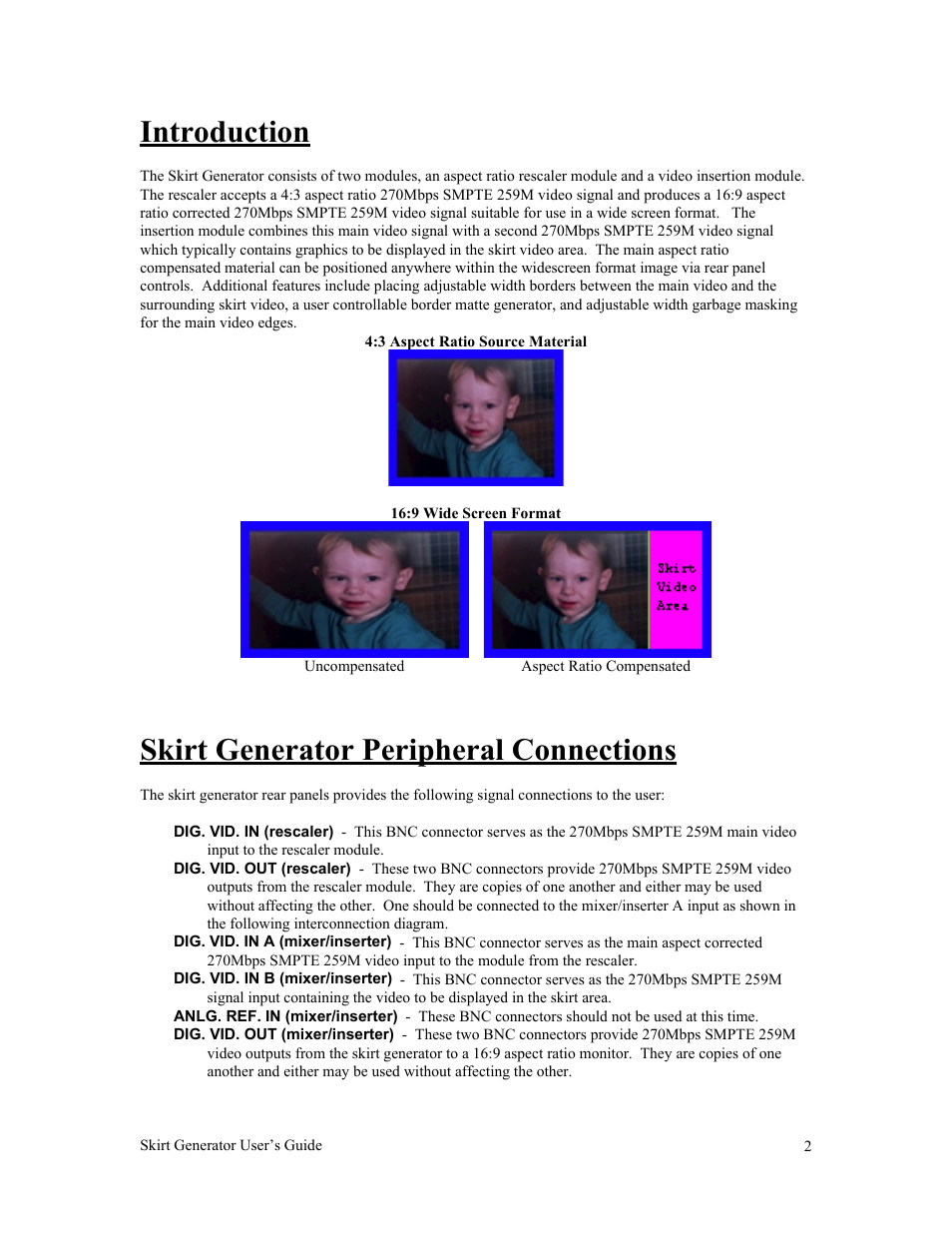 Introduction, Skirt generator peripheral connections | Sierra Video 587135-00 User Manual | Page 2 / 5