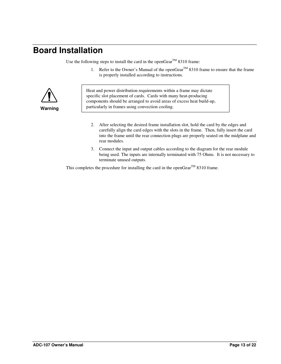 Board installation | Sierra Video ADC-107 User Manual | Page 13 / 23