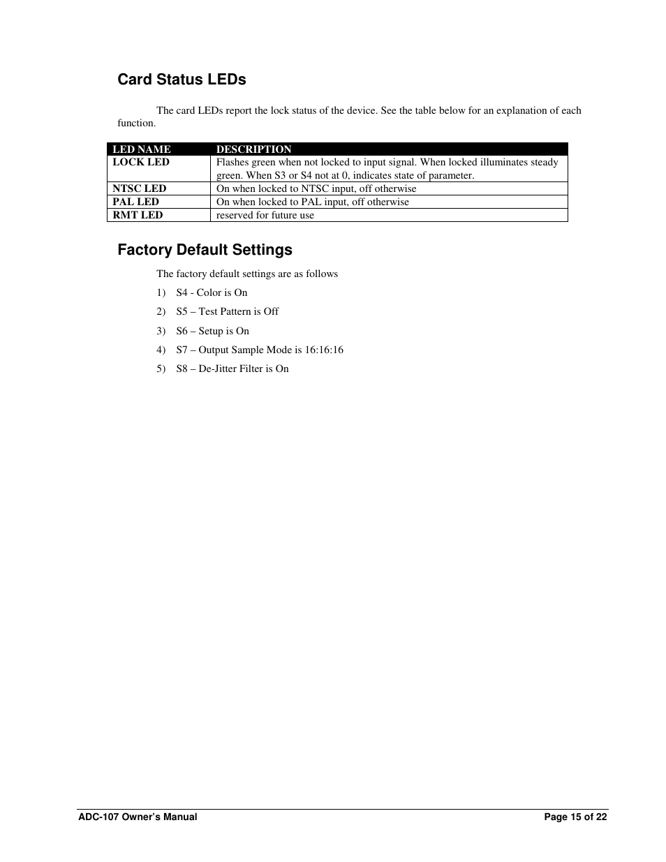 Card status leds, Factory default settings | Sierra Video ADC-107 User Manual | Page 15 / 23