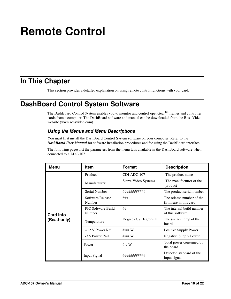 Remote control, Dashboard control system software | Sierra Video ADC-107 User Manual | Page 16 / 23