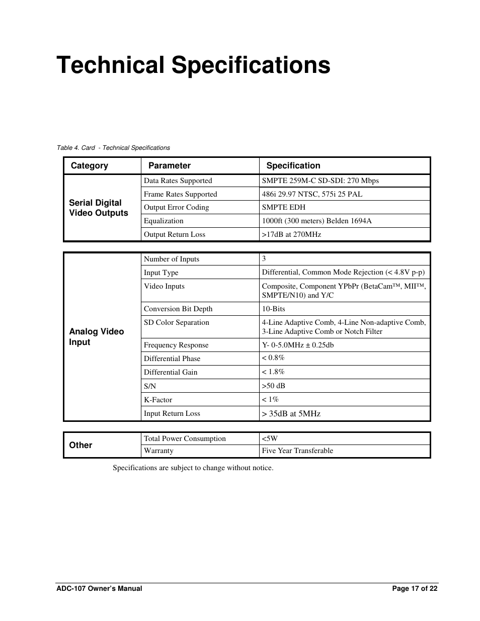 Technical specifications | Sierra Video ADC-107 User Manual | Page 17 / 23