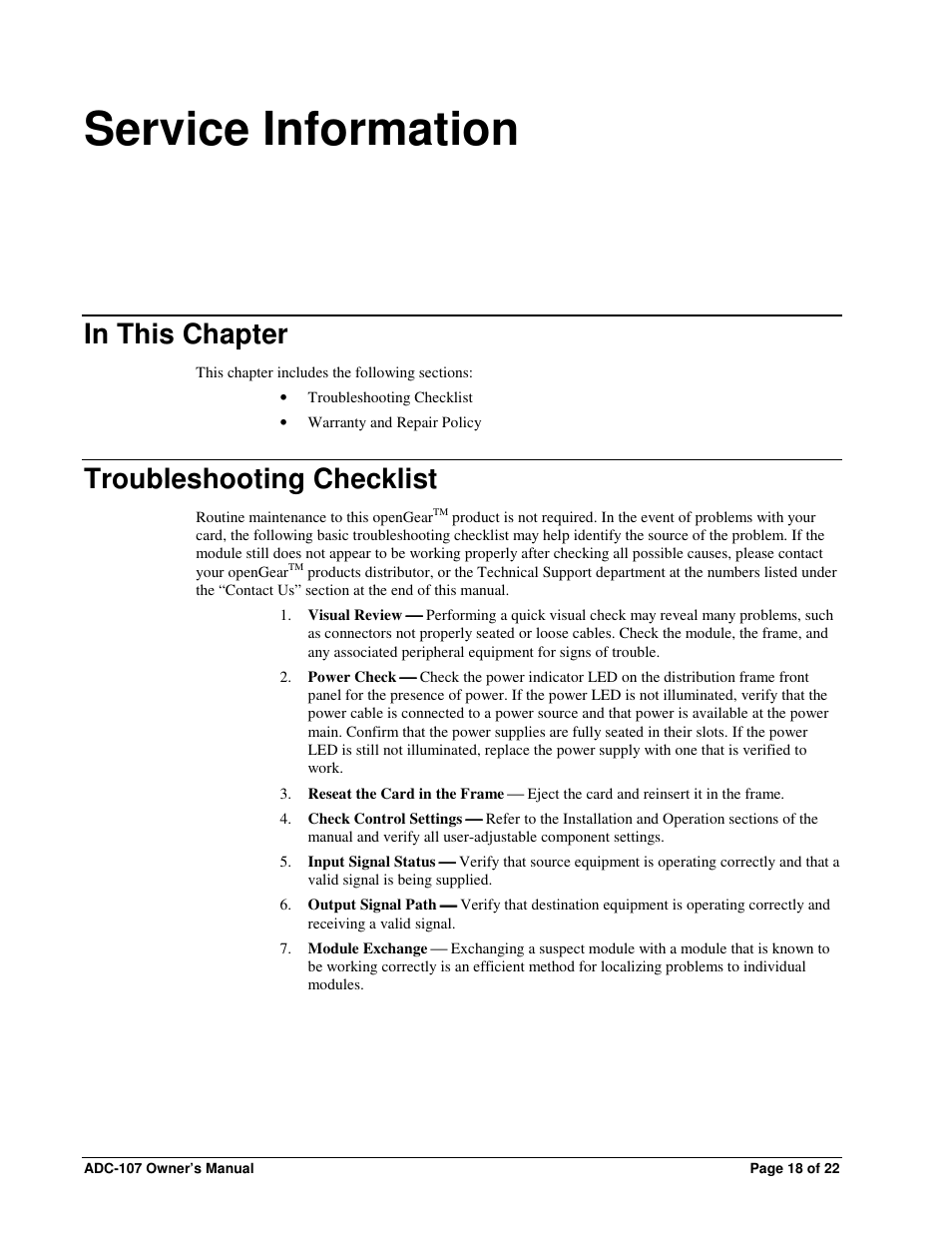 Service information, Troubleshooting checklist | Sierra Video ADC-107 User Manual | Page 18 / 23
