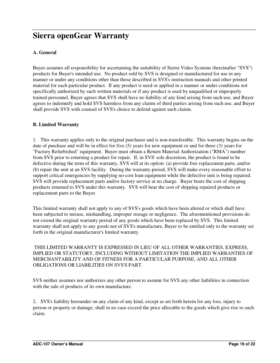 Sierra opengear warranty | Sierra Video ADC-107 User Manual | Page 19 / 23