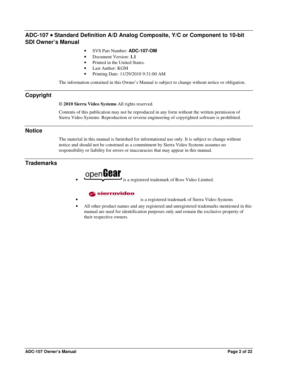 Sierra Video ADC-107 User Manual | Page 2 / 23