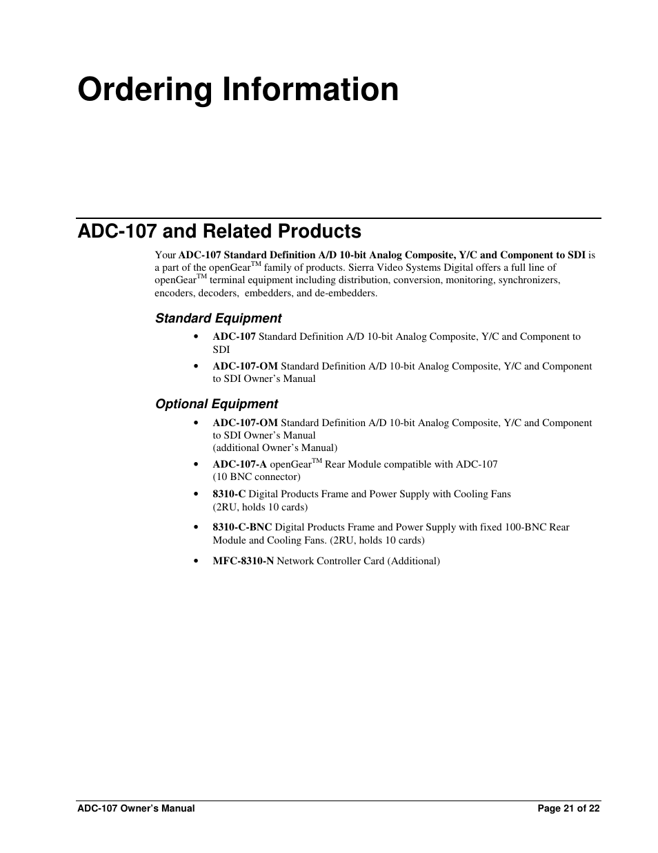 Ordering information, Adc-107 and related products | Sierra Video ADC-107 User Manual | Page 21 / 23