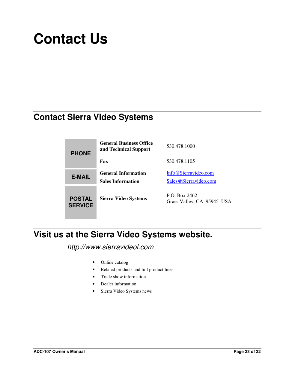 Contact us, Contact sierra video systems, Visit us at the sierra video systems website | Sierra Video ADC-107 User Manual | Page 23 / 23