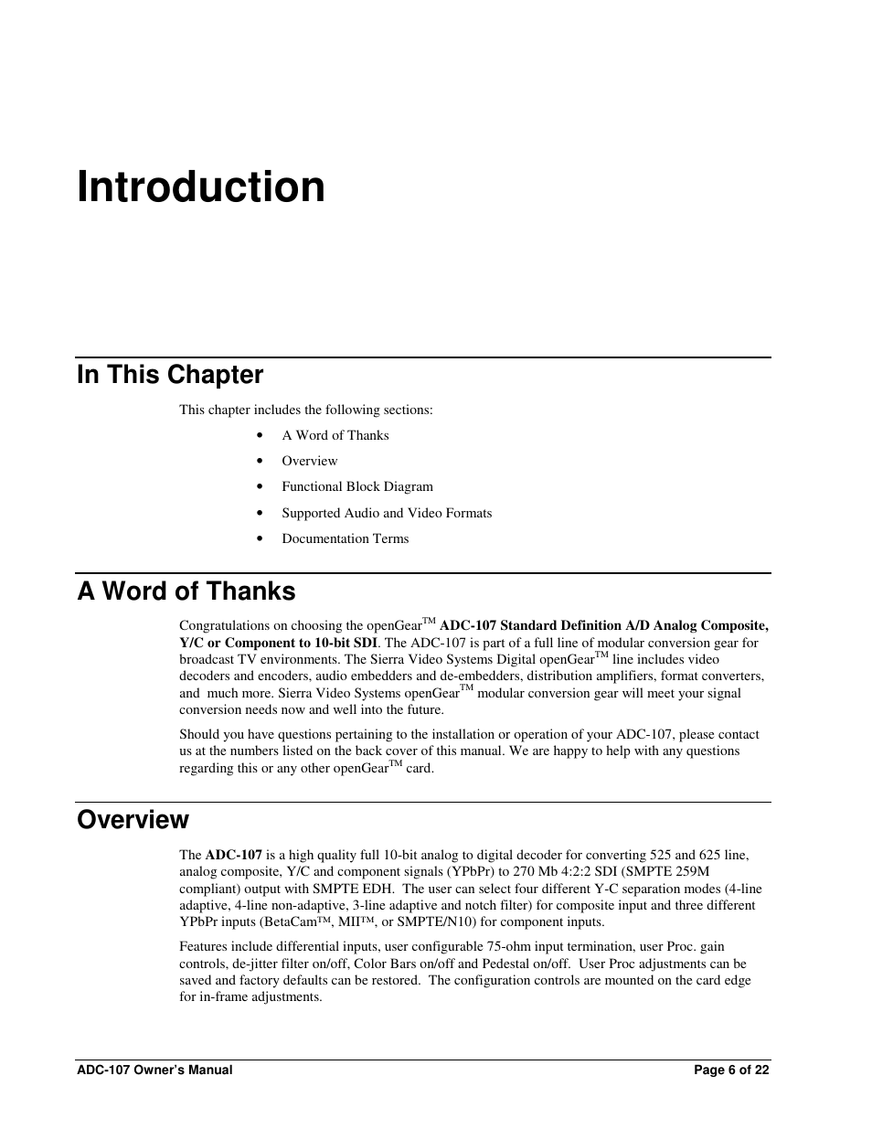 Introduction, Overview | Sierra Video ADC-107 User Manual | Page 6 / 23