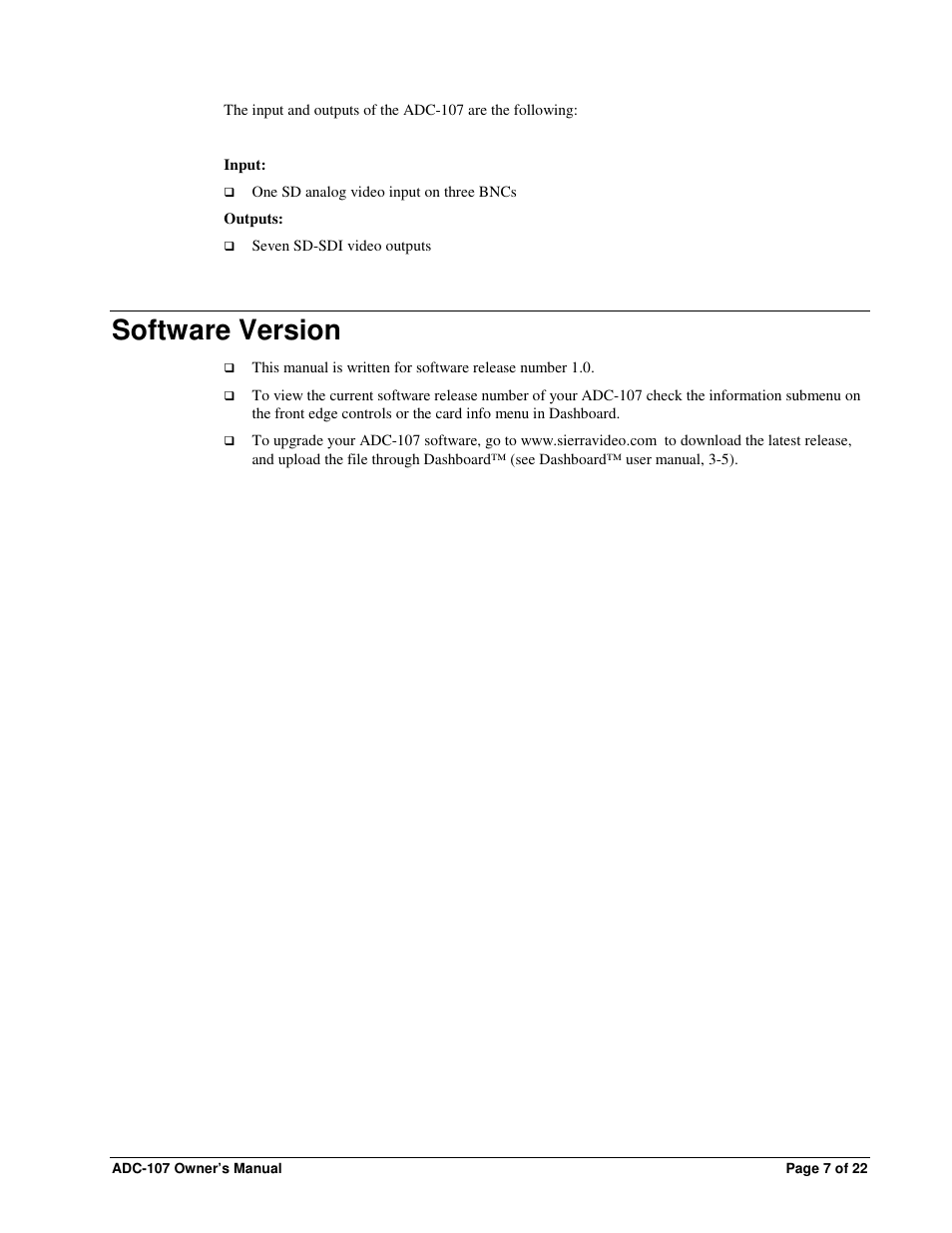 Software version | Sierra Video ADC-107 User Manual | Page 7 / 23