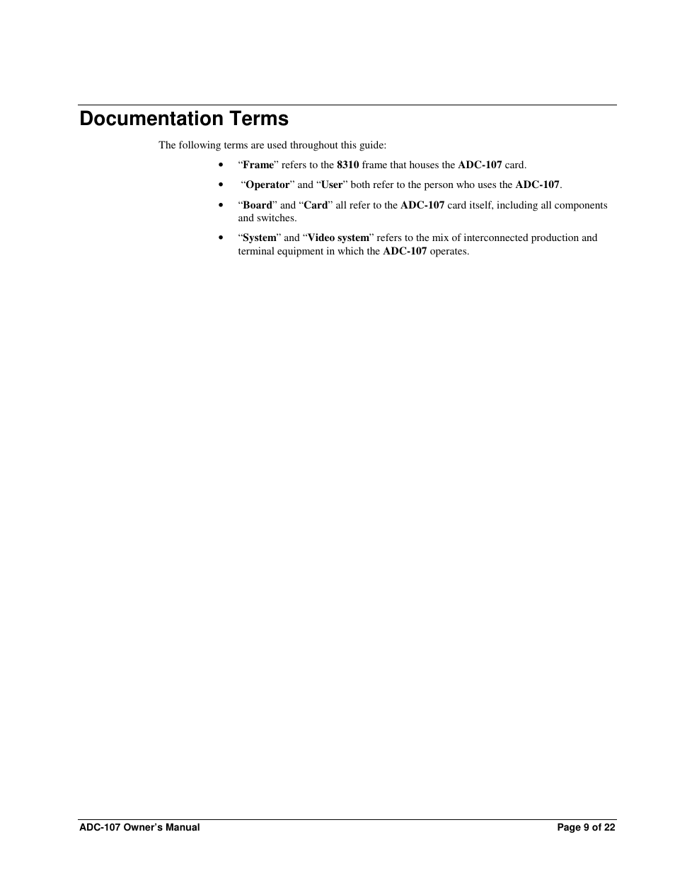 Documentation terms | Sierra Video ADC-107 User Manual | Page 9 / 23