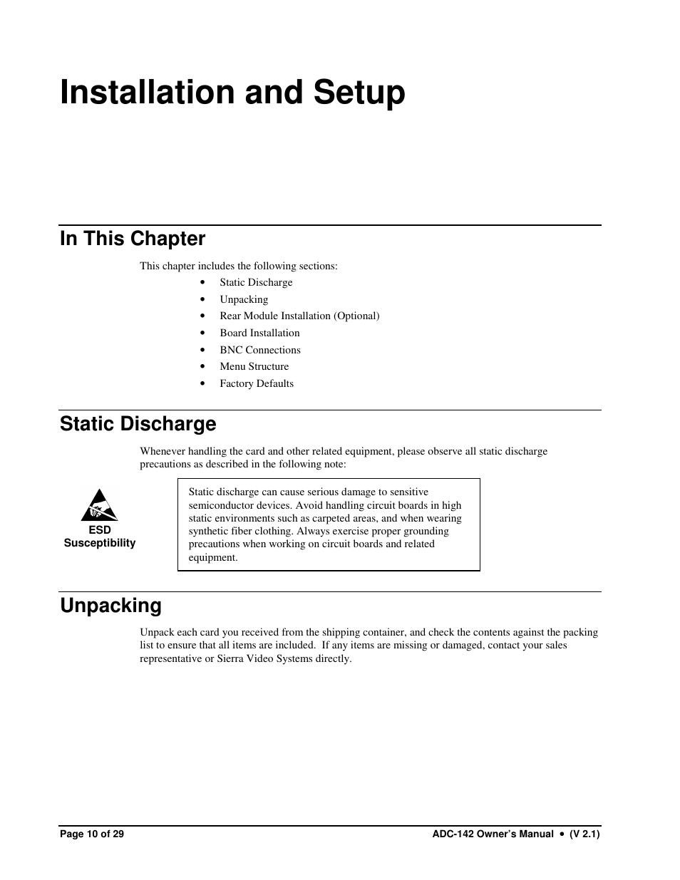 Installation and setup, Static discharge, Unpacking | Sierra Video ADC-142 User Manual | Page 10 / 29