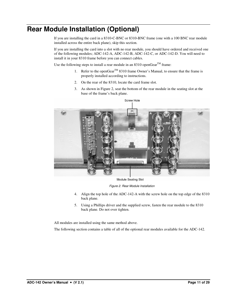 Rear module installation (optional) | Sierra Video ADC-142 User Manual | Page 11 / 29