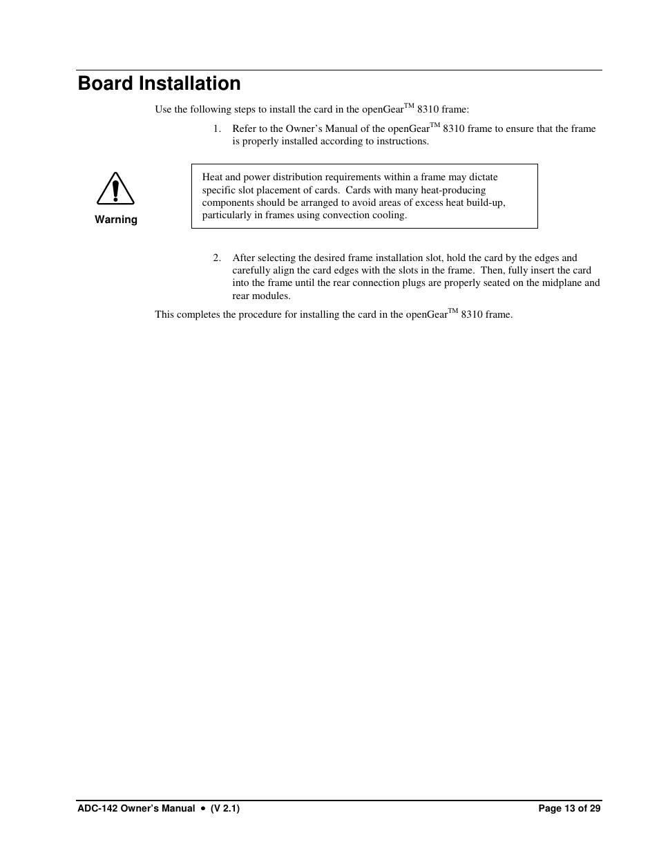Board installation | Sierra Video ADC-142 User Manual | Page 13 / 29