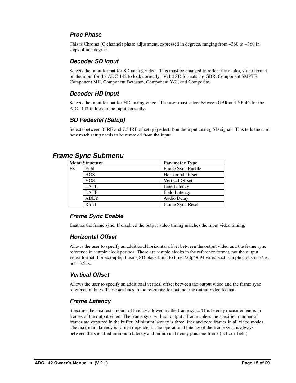 Frame sync submenu | Sierra Video ADC-142 User Manual | Page 15 / 29