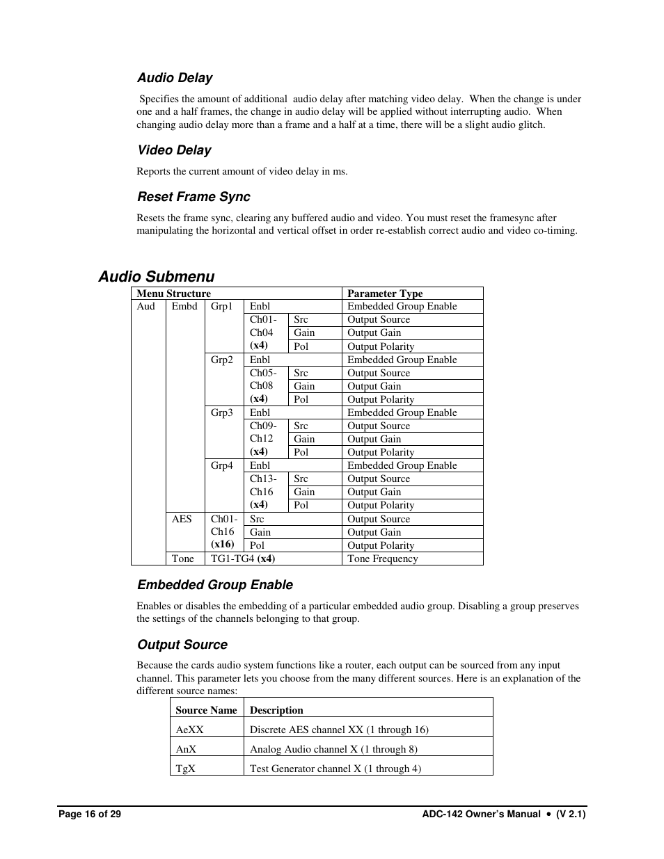 Audio submenu | Sierra Video ADC-142 User Manual | Page 16 / 29