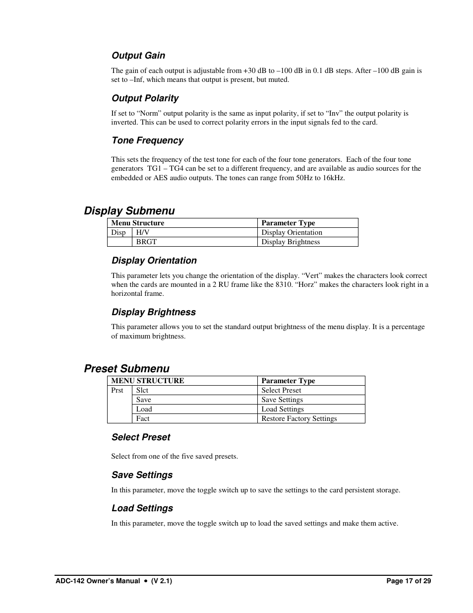 Display submenu, Preset submenu | Sierra Video ADC-142 User Manual | Page 17 / 29