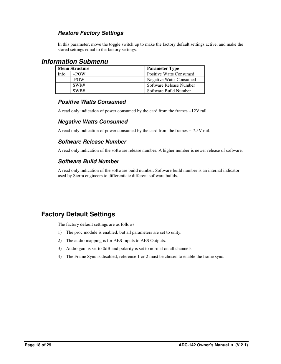 Information submenu, Factory default settings | Sierra Video ADC-142 User Manual | Page 18 / 29