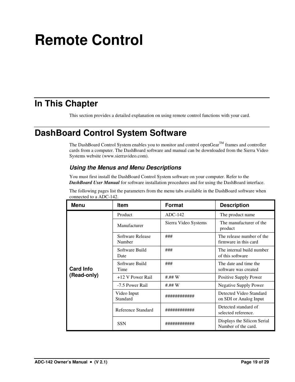 Remote control, Dashboard control system software | Sierra Video ADC-142 User Manual | Page 19 / 29