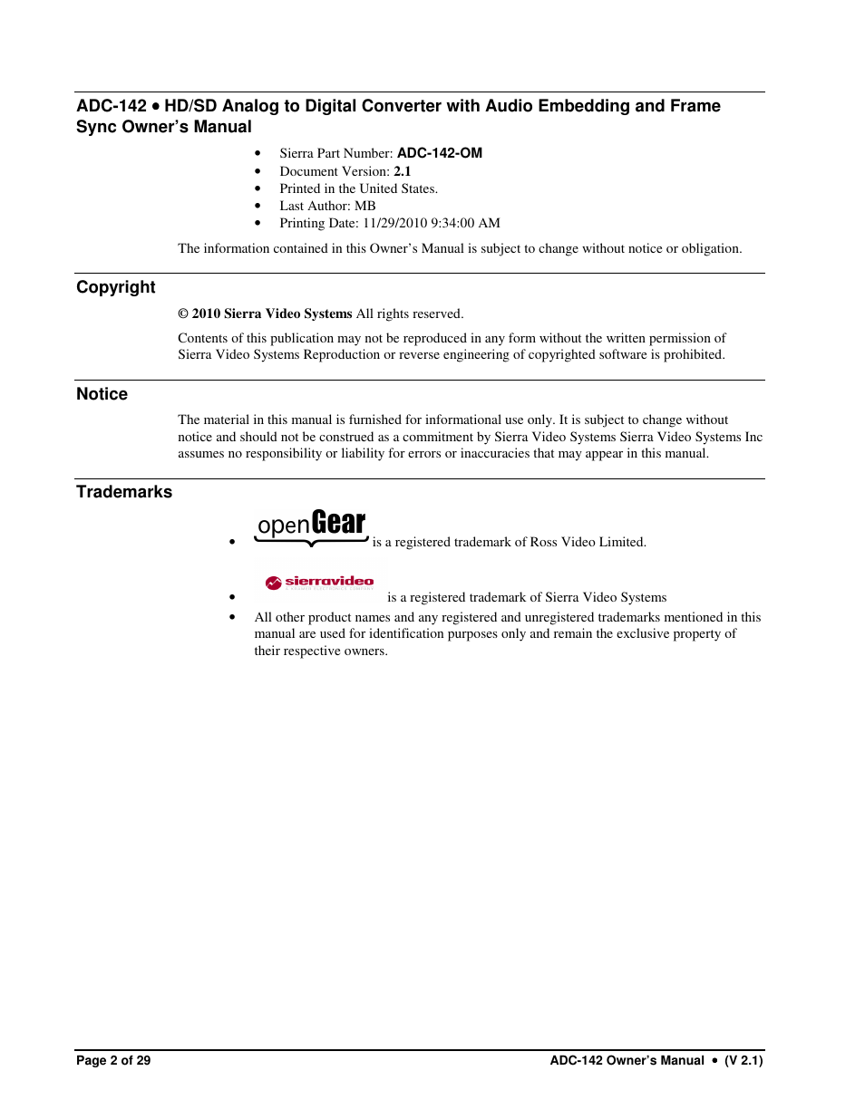 Sierra Video ADC-142 User Manual | Page 2 / 29