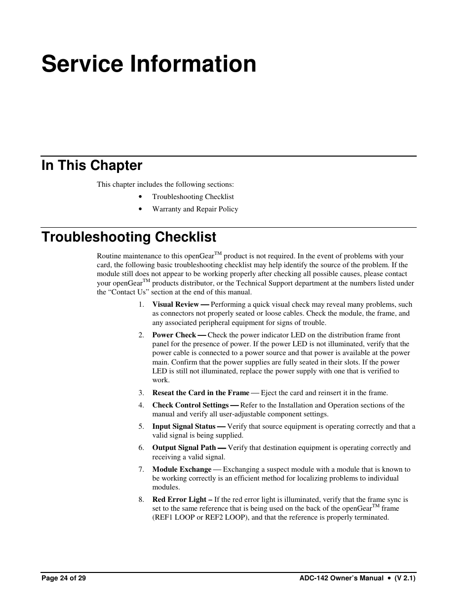 Service information, Troubleshooting checklist | Sierra Video ADC-142 User Manual | Page 24 / 29
