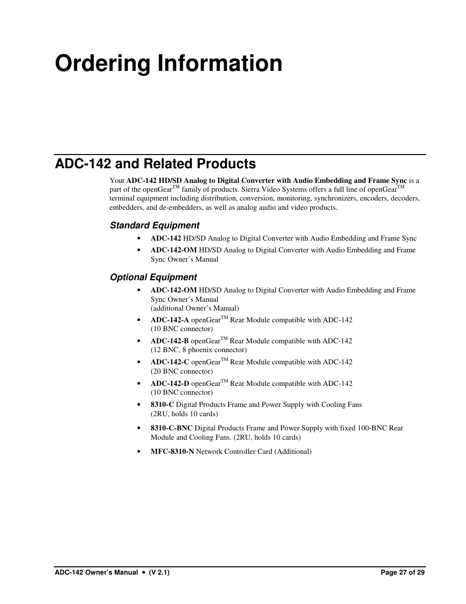 Ordering information, Adc-142 and related products | Sierra Video ADC-142 User Manual | Page 27 / 29