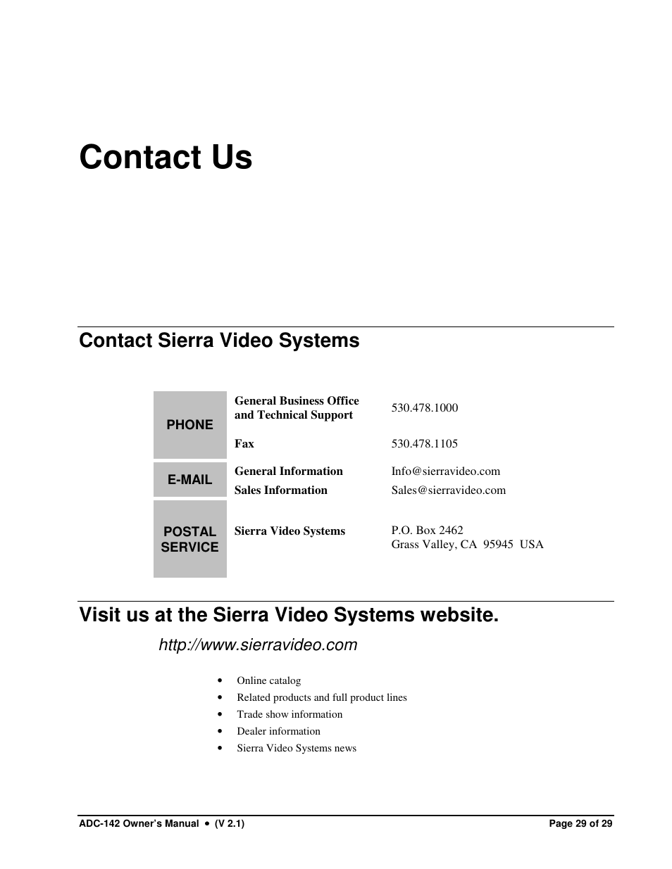 Contact us, Contact sierra video systems, Visit us at the sierra video systems website | Sierra Video ADC-142 User Manual | Page 29 / 29