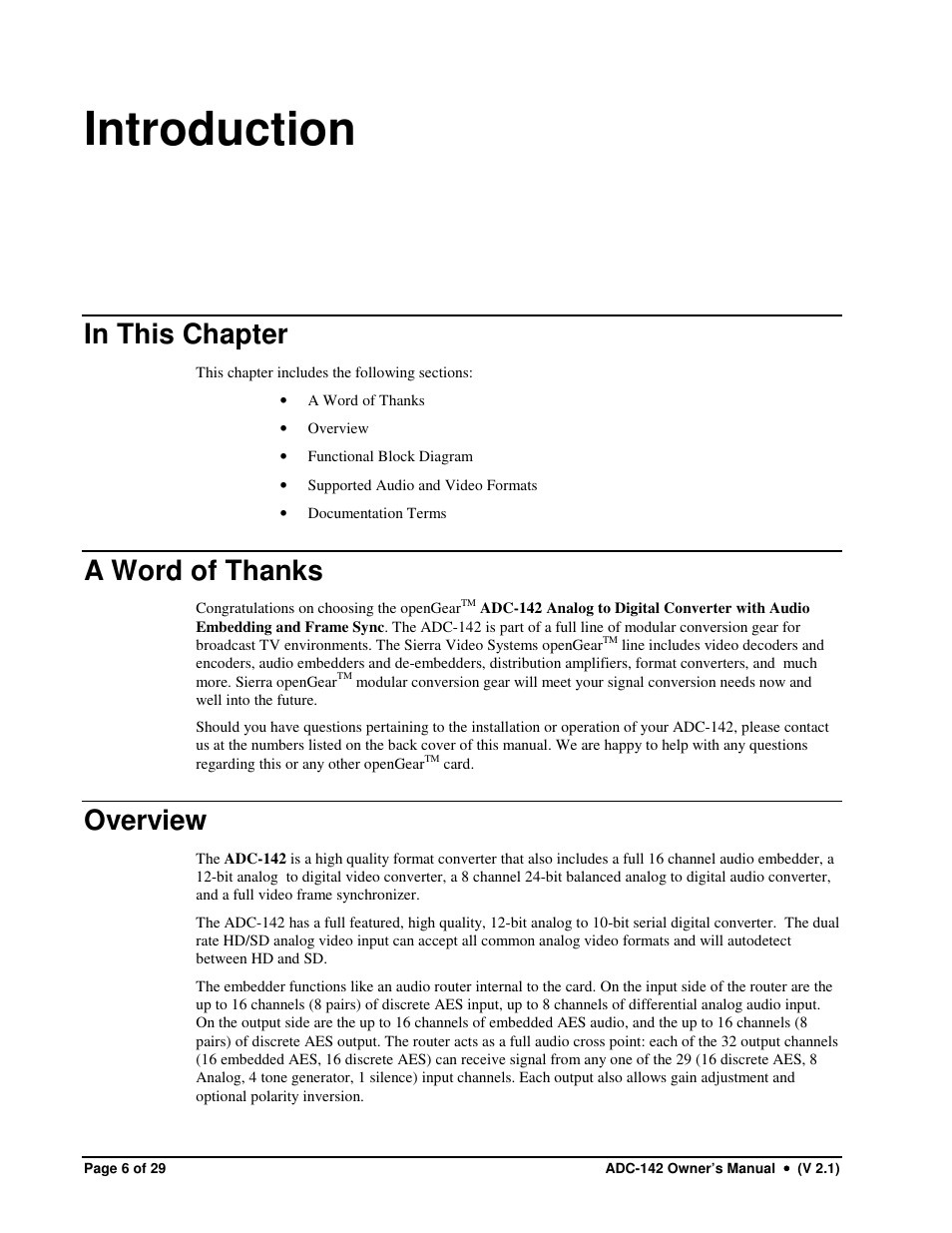 Introduction, Overview | Sierra Video ADC-142 User Manual | Page 6 / 29