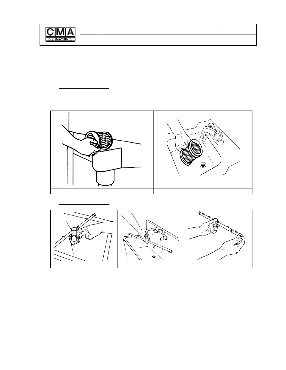 Cleaning and maintenance, Cleaning the drain screen, Remove screen | Clean screen, Cleaning the washer arms, Remove wash arm, Clean wash arm, Re-install wash arm | CMA Dishmachines EAH/EC User Manual | Page 11 / 19