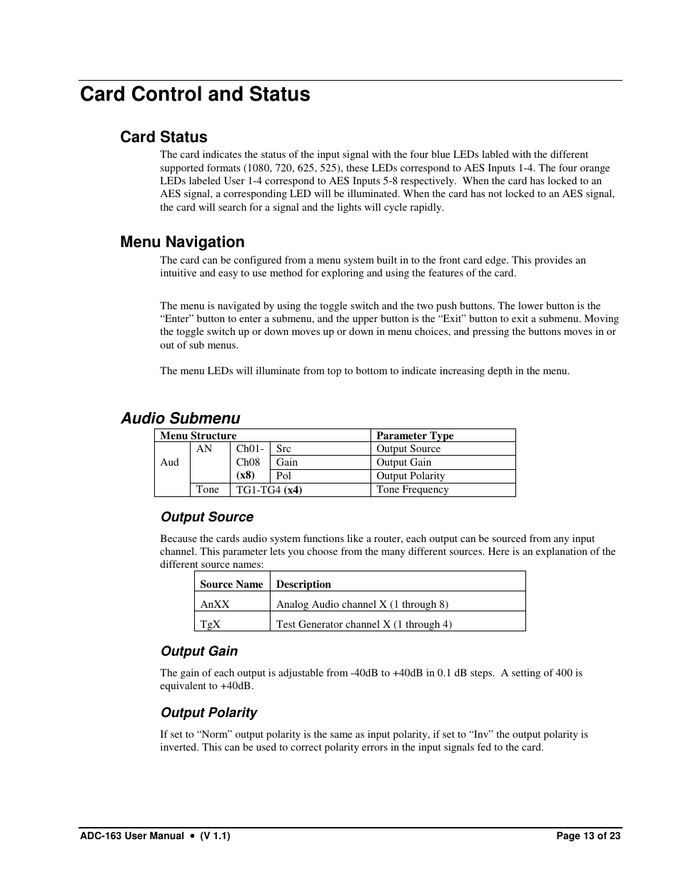 Card control and status, Card status, Menu navigation | Audio submenu | Sierra Video ADC-163 User Manual | Page 13 / 23