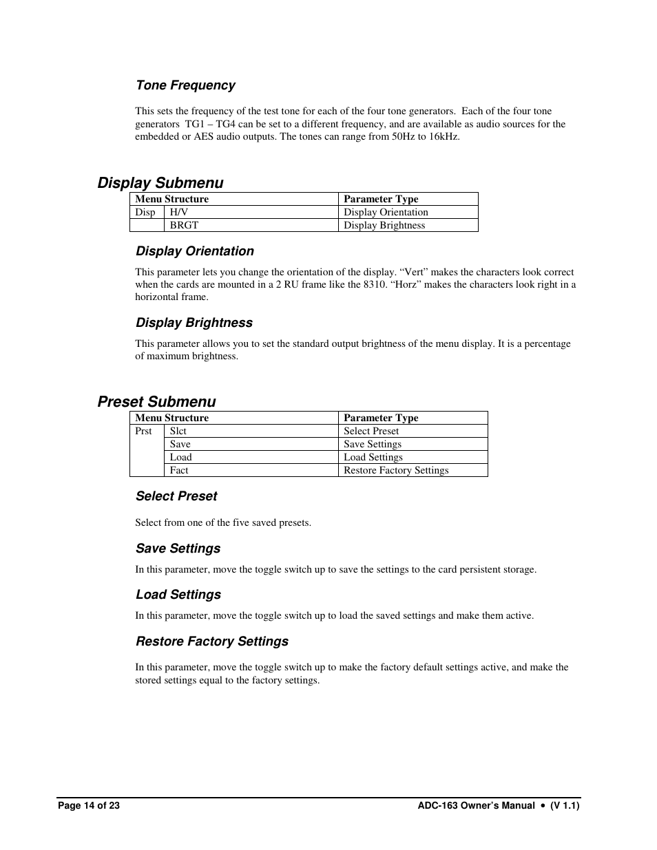 Display submenu, Preset submenu | Sierra Video ADC-163 User Manual | Page 14 / 23
