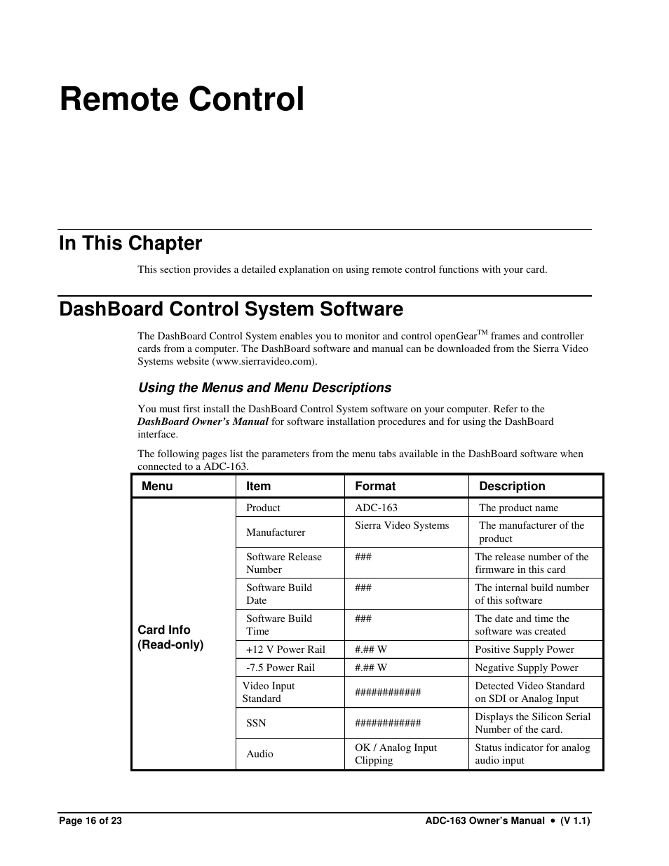 Remote control, Dashboard control system software | Sierra Video ADC-163 User Manual | Page 16 / 23