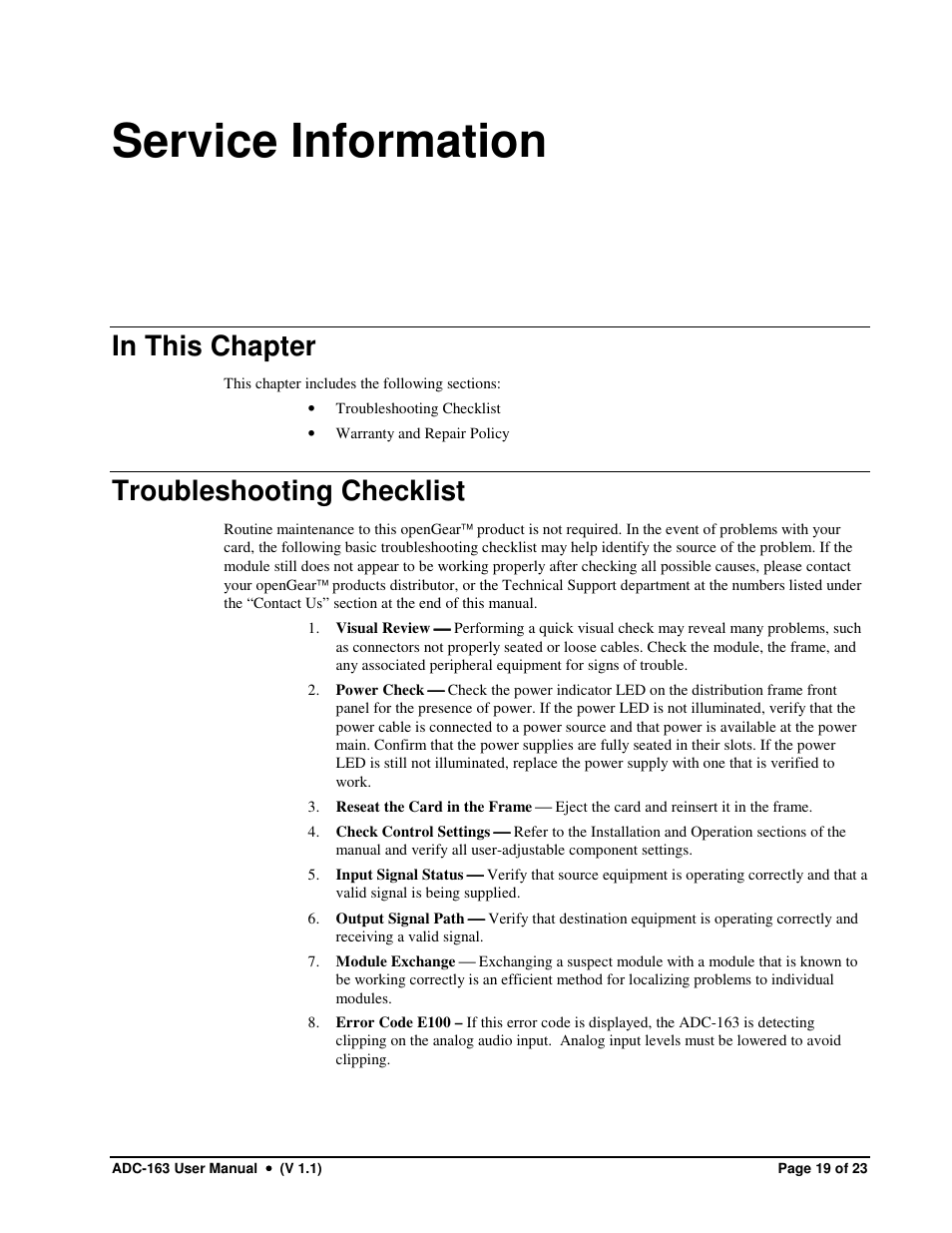 Service information, Troubleshooting checklist | Sierra Video ADC-163 User Manual | Page 19 / 23