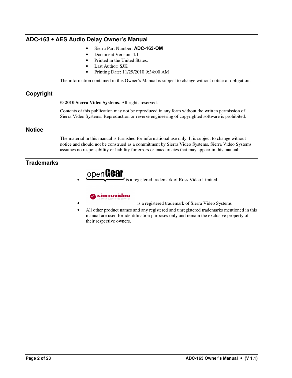 Sierra Video ADC-163 User Manual | Page 2 / 23