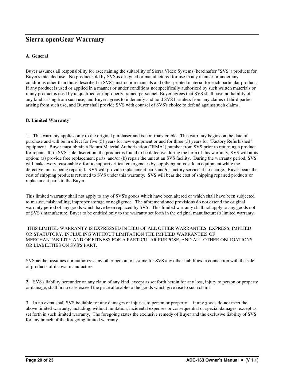Sierra opengear warranty | Sierra Video ADC-163 User Manual | Page 20 / 23