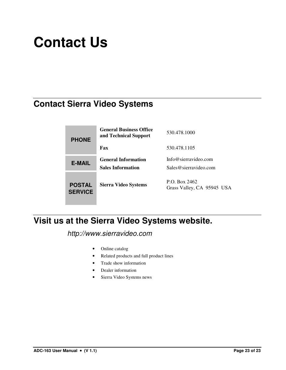 Contact us, Contact sierra video systems, Visit us at the sierra video systems website | Sierra Video ADC-163 User Manual | Page 23 / 23