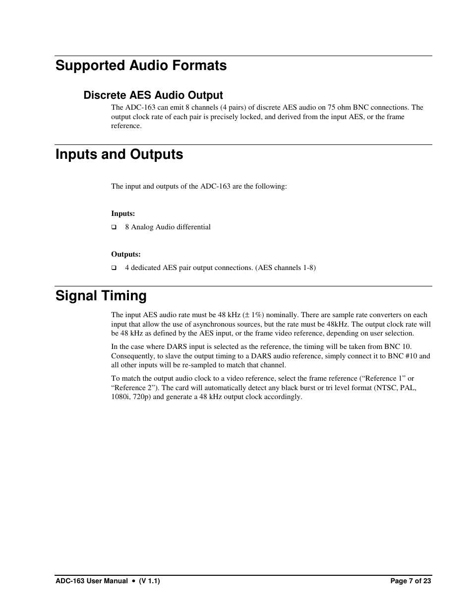 Supported audio formats, Inputs and outputs, Signal timing | Discrete aes audio output | Sierra Video ADC-163 User Manual | Page 7 / 23