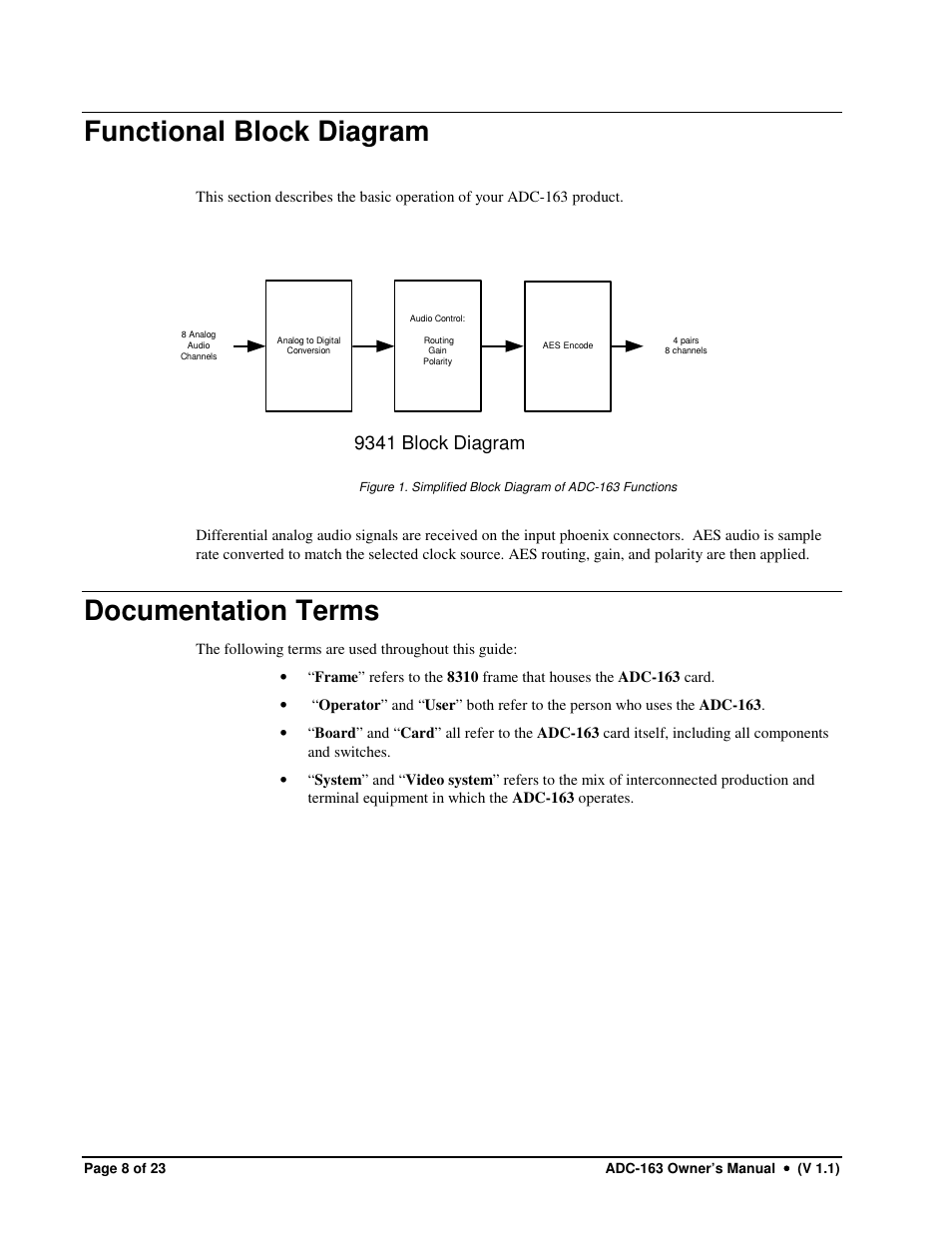 Functional block diagram, Documentation terms, 9341 block diagram | Sierra Video ADC-163 User Manual | Page 8 / 23