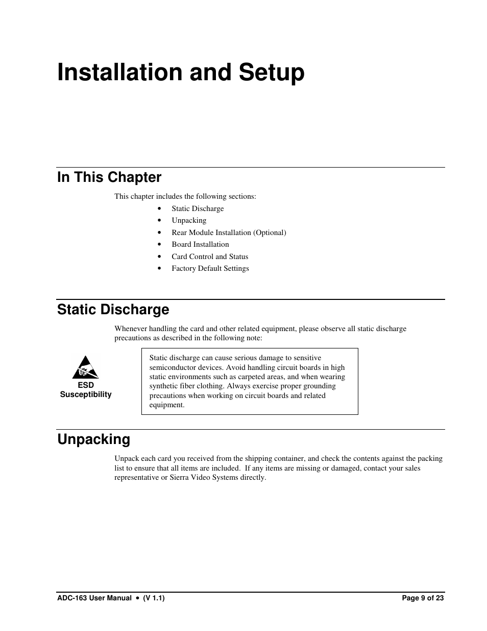 Installation and setup, Static discharge, Unpacking | Sierra Video ADC-163 User Manual | Page 9 / 23