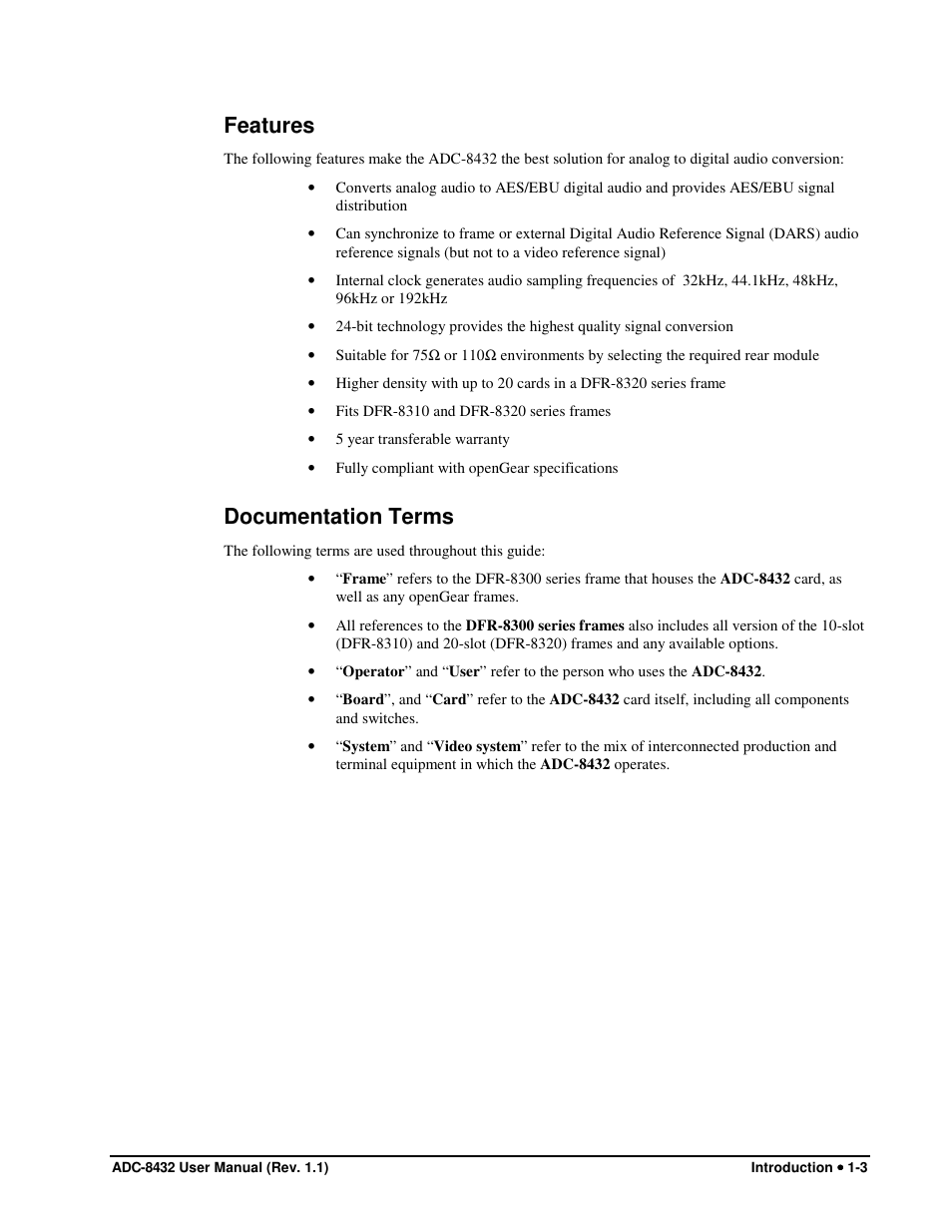 Features, Documentation terms | Sierra Video ADC-8432 User Manual | Page 11 / 33
