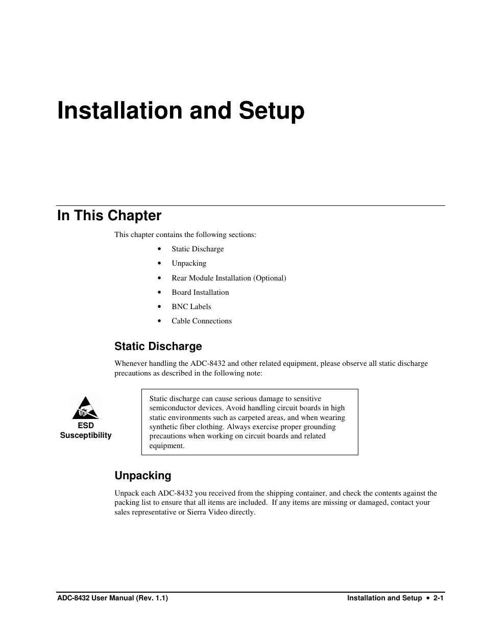 Installation and setup, Static discharge, Unpacking | Sierra Video ADC-8432 User Manual | Page 13 / 33