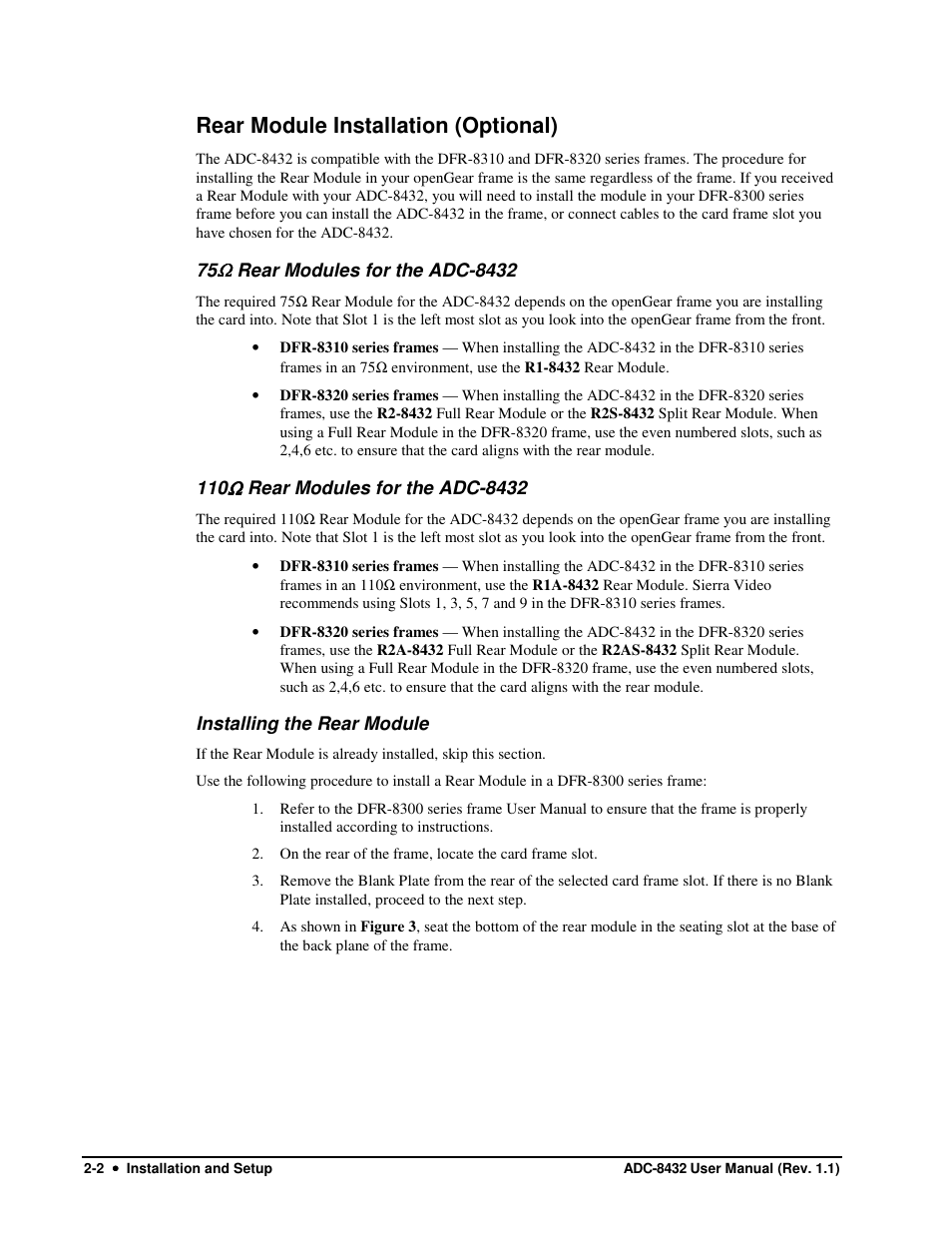 Rear module installation (optional) | Sierra Video ADC-8432 User Manual | Page 14 / 33