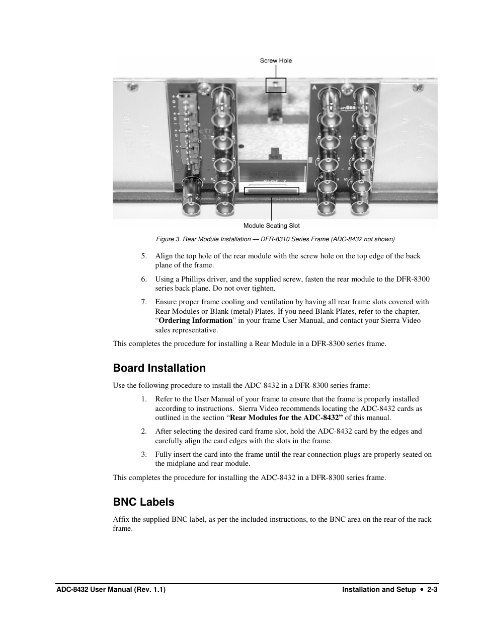 Board installation, Bnc labels | Sierra Video ADC-8432 User Manual | Page 15 / 33